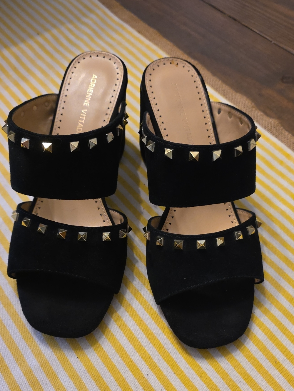 Adrienne Vittadini Black Double-Strap Studded Slide Sandals